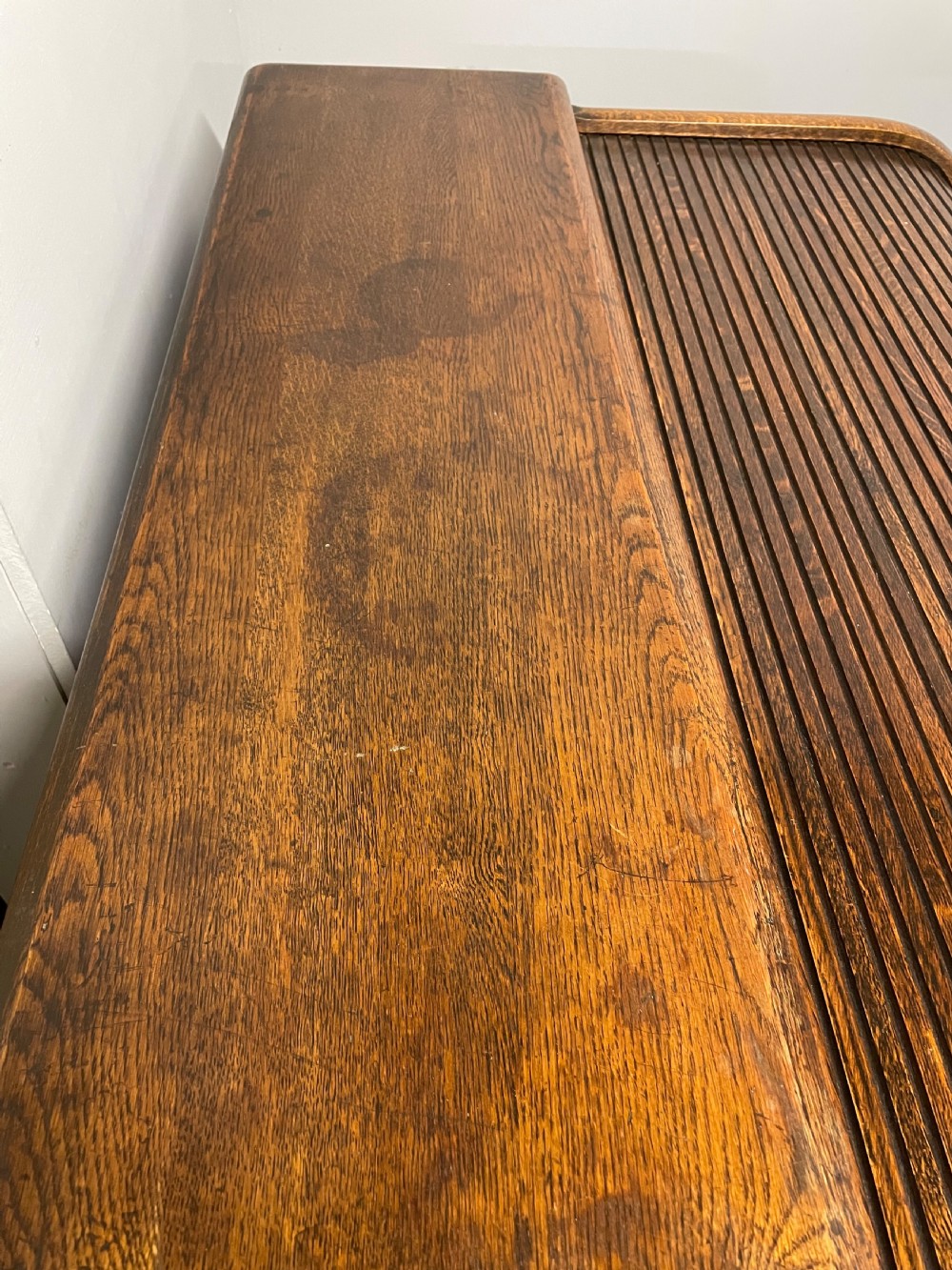 Oak twin pedestal roll top desk circa 1920 View IX