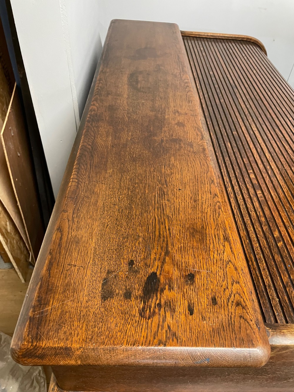 Oak twin pedestal roll top desk circa 1920 View X