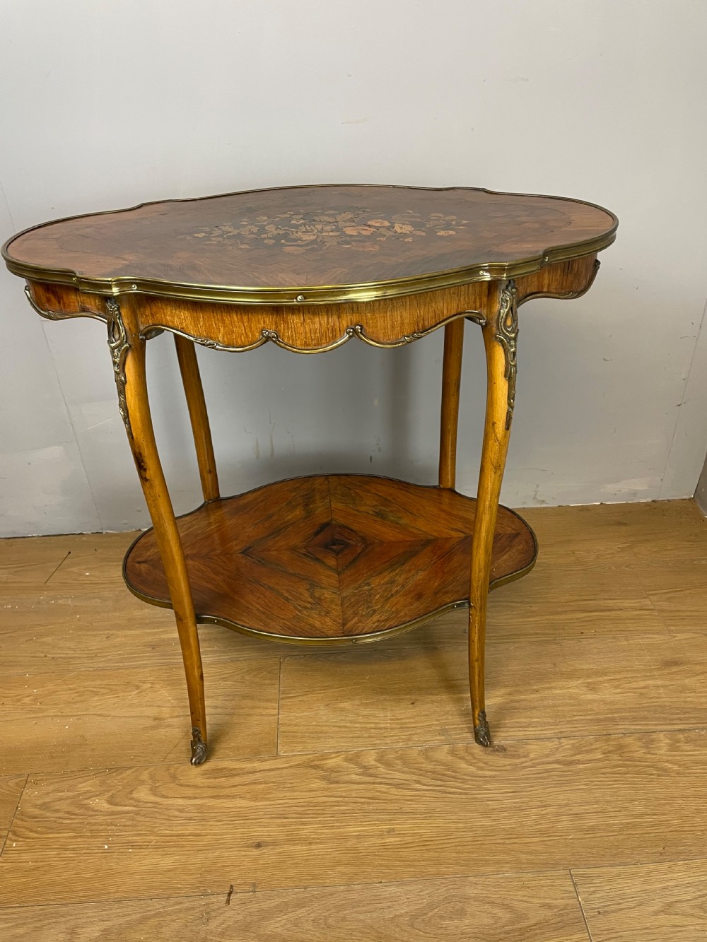 Nineteenth century inlaid rosewood two tier ormolu mounted table  View III