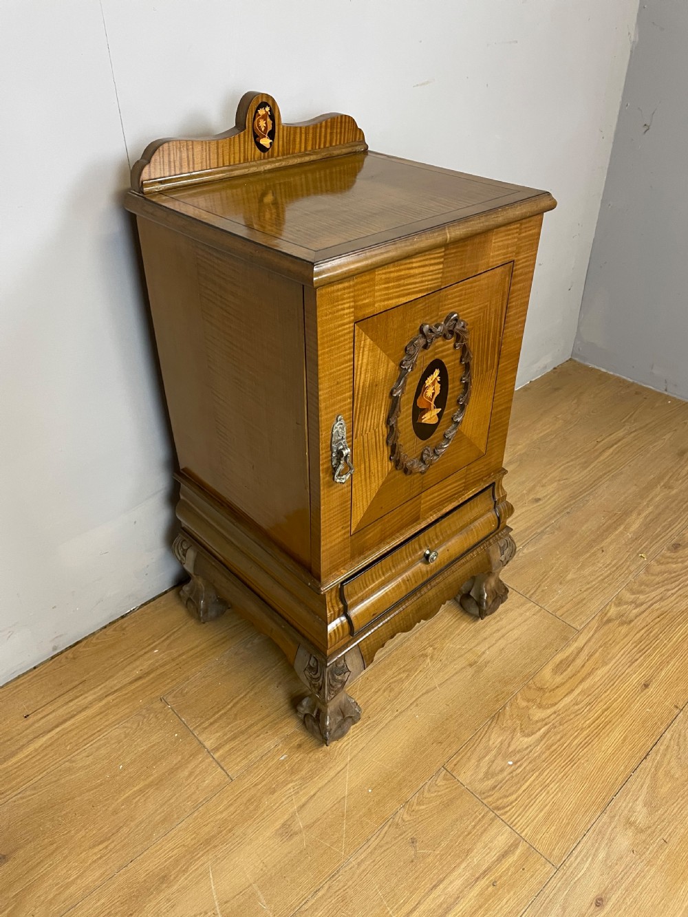Nineteenth century inlaid walnut bedside cupboard  View II