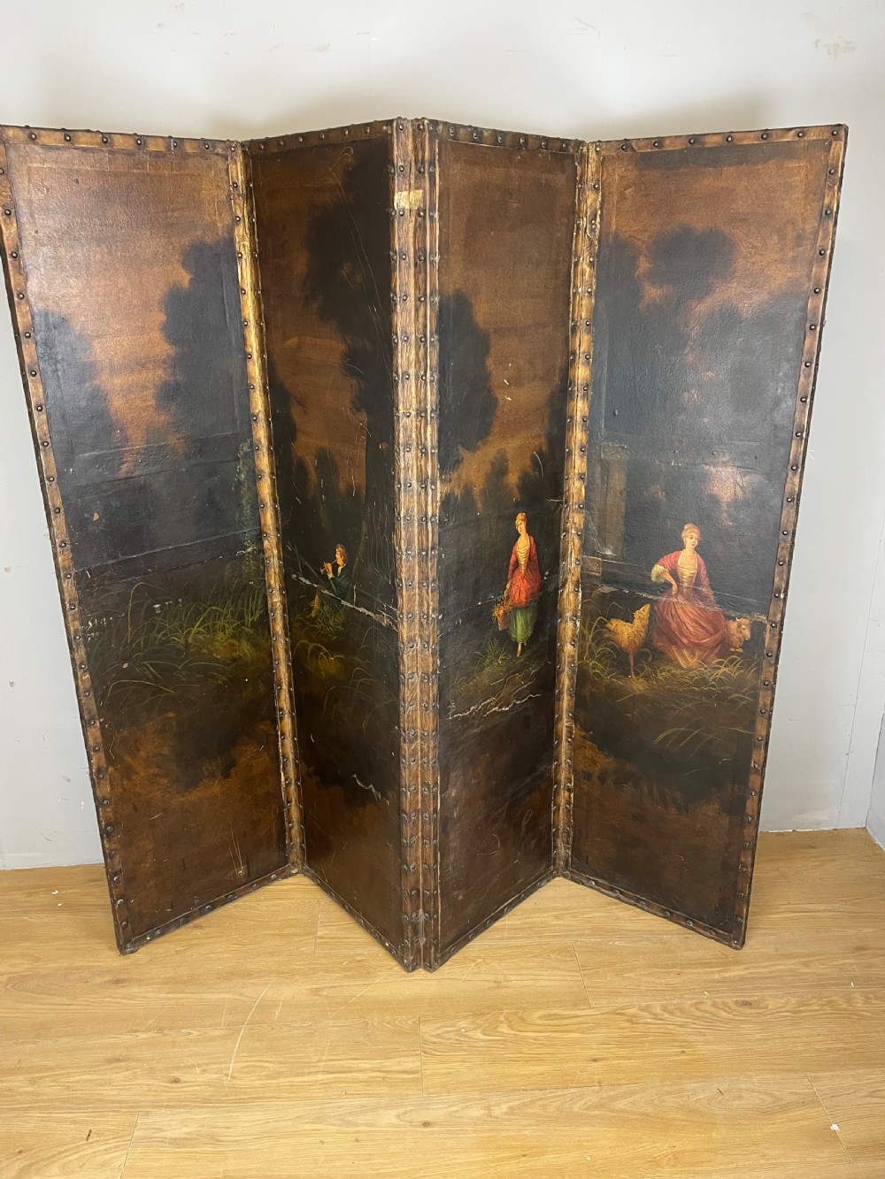 Nineteenth century country house painted four panel screen 