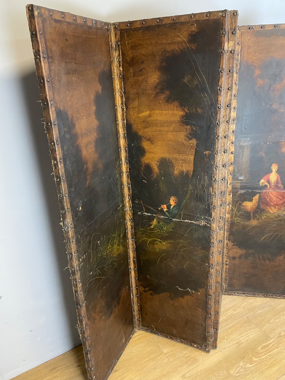 Nineteenth century country house painted four panel screen  View III