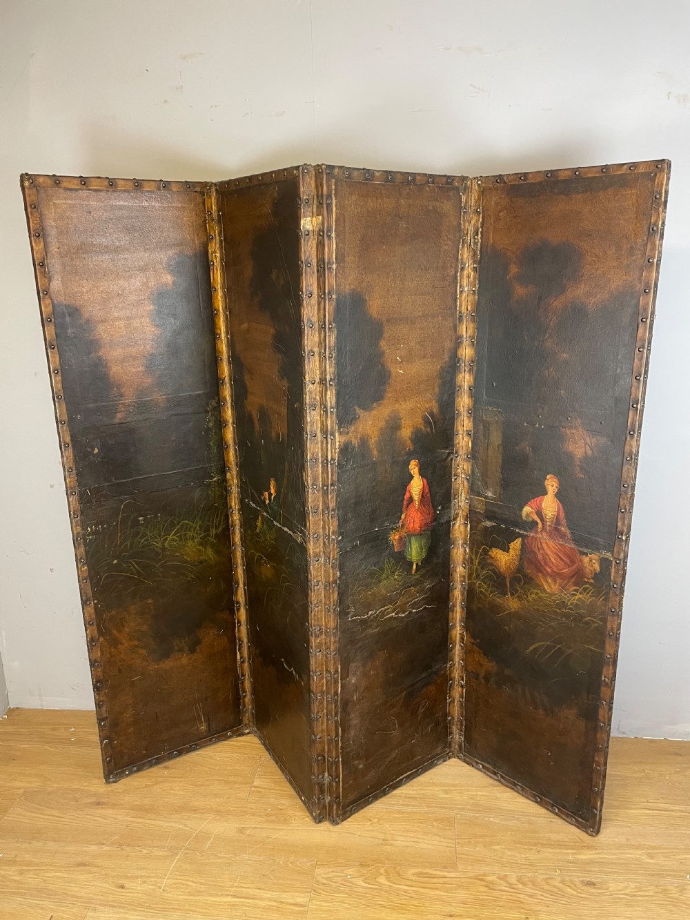 Nineteenth century country house painted four panel screen  View VII