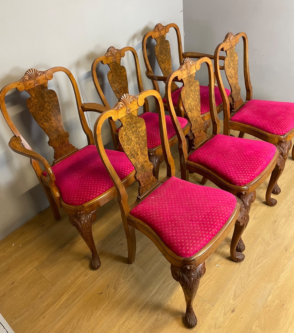 Set of 6 Queen Anne style burr walnut dining chairs  View V