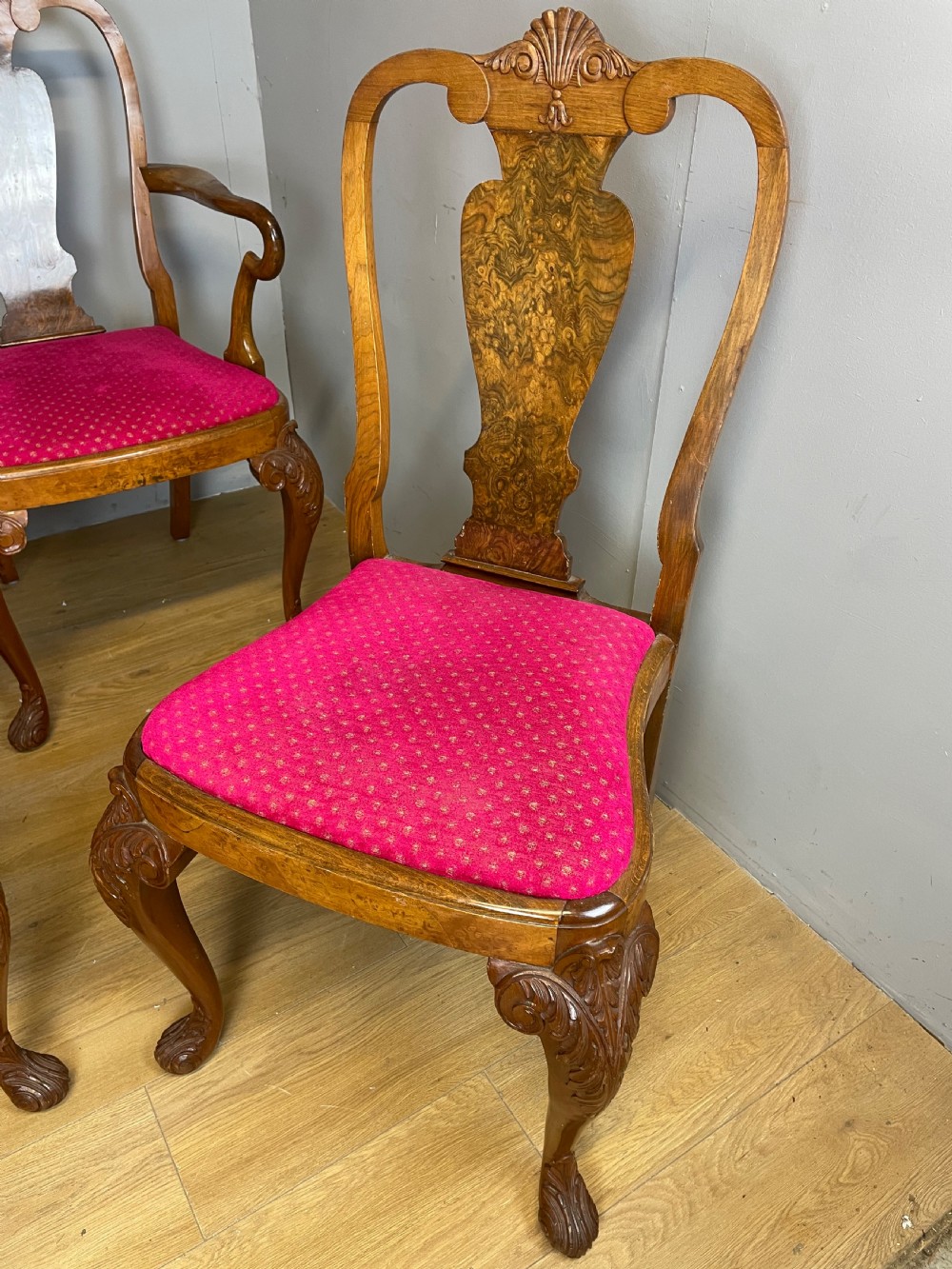 Set of 6 Queen Anne style burr walnut dining chairs  View VI