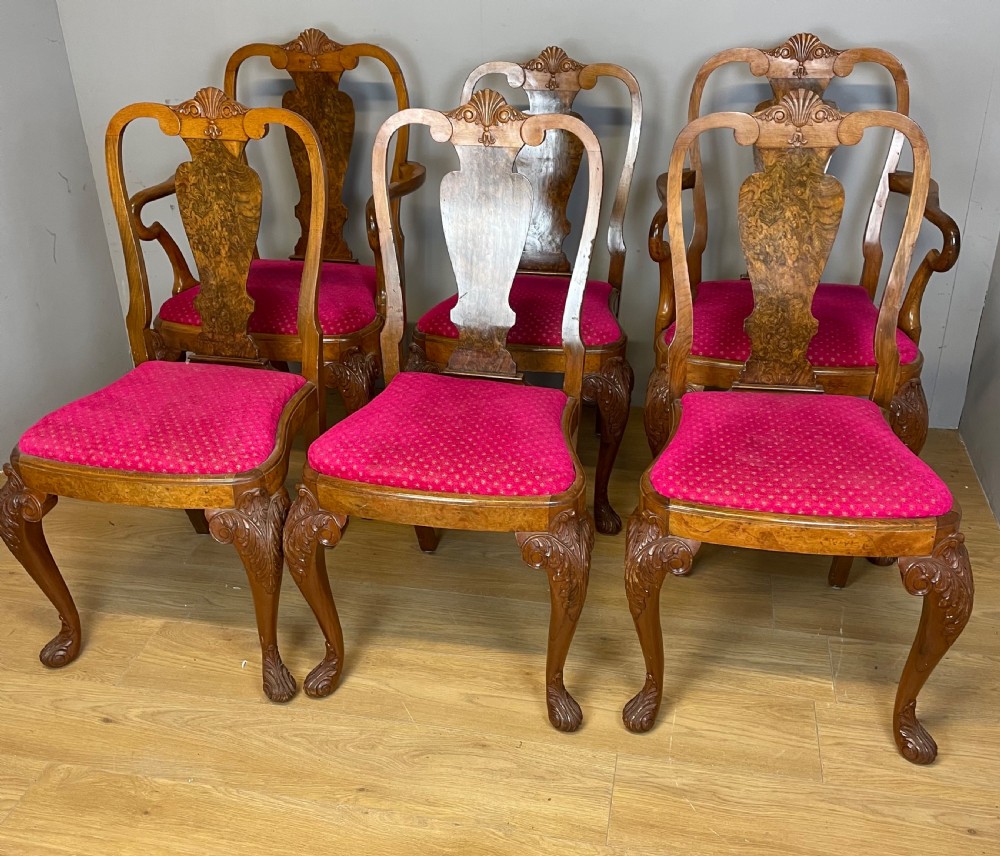 Set of 6 Queen Anne style burr walnut dining chairs  View VII