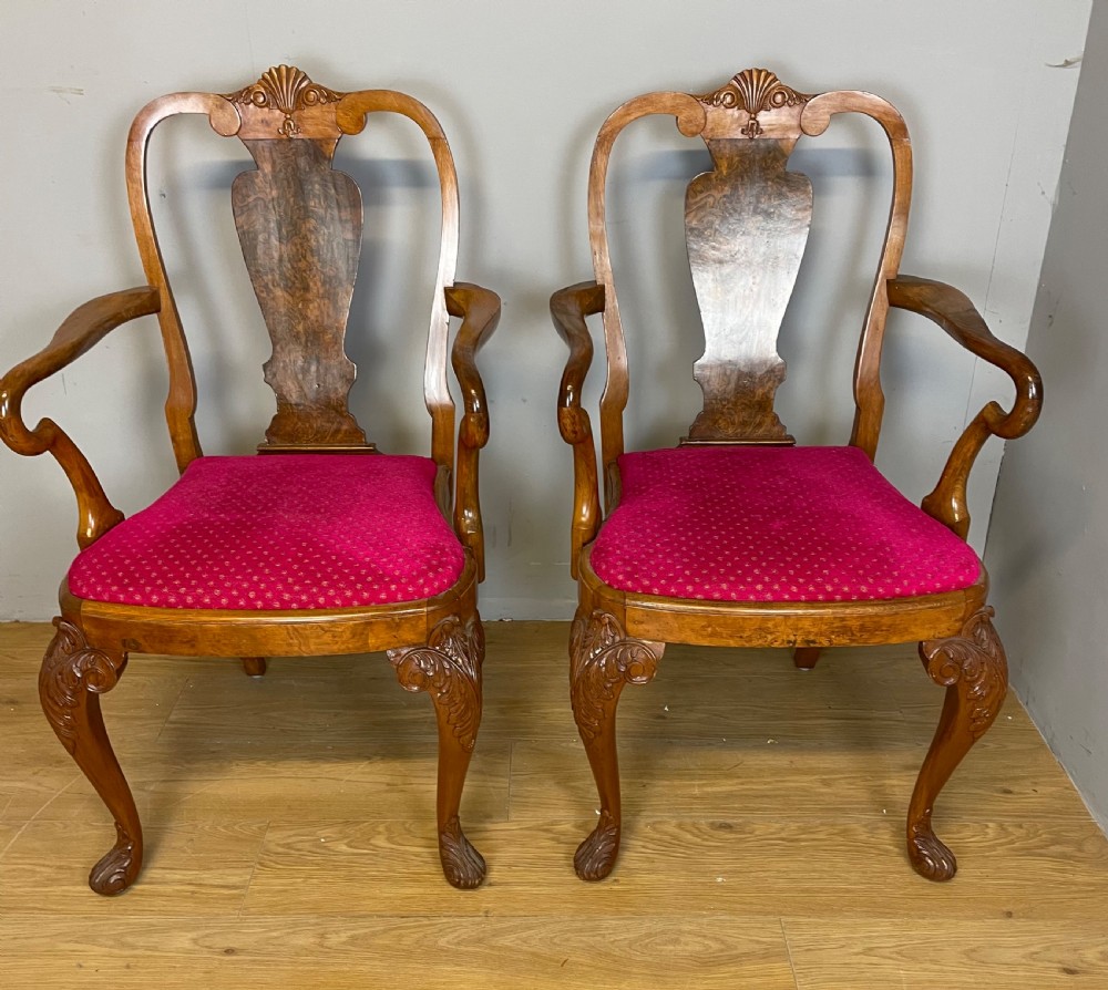 Set of 6 Queen Anne style burr walnut dining chairs  View X