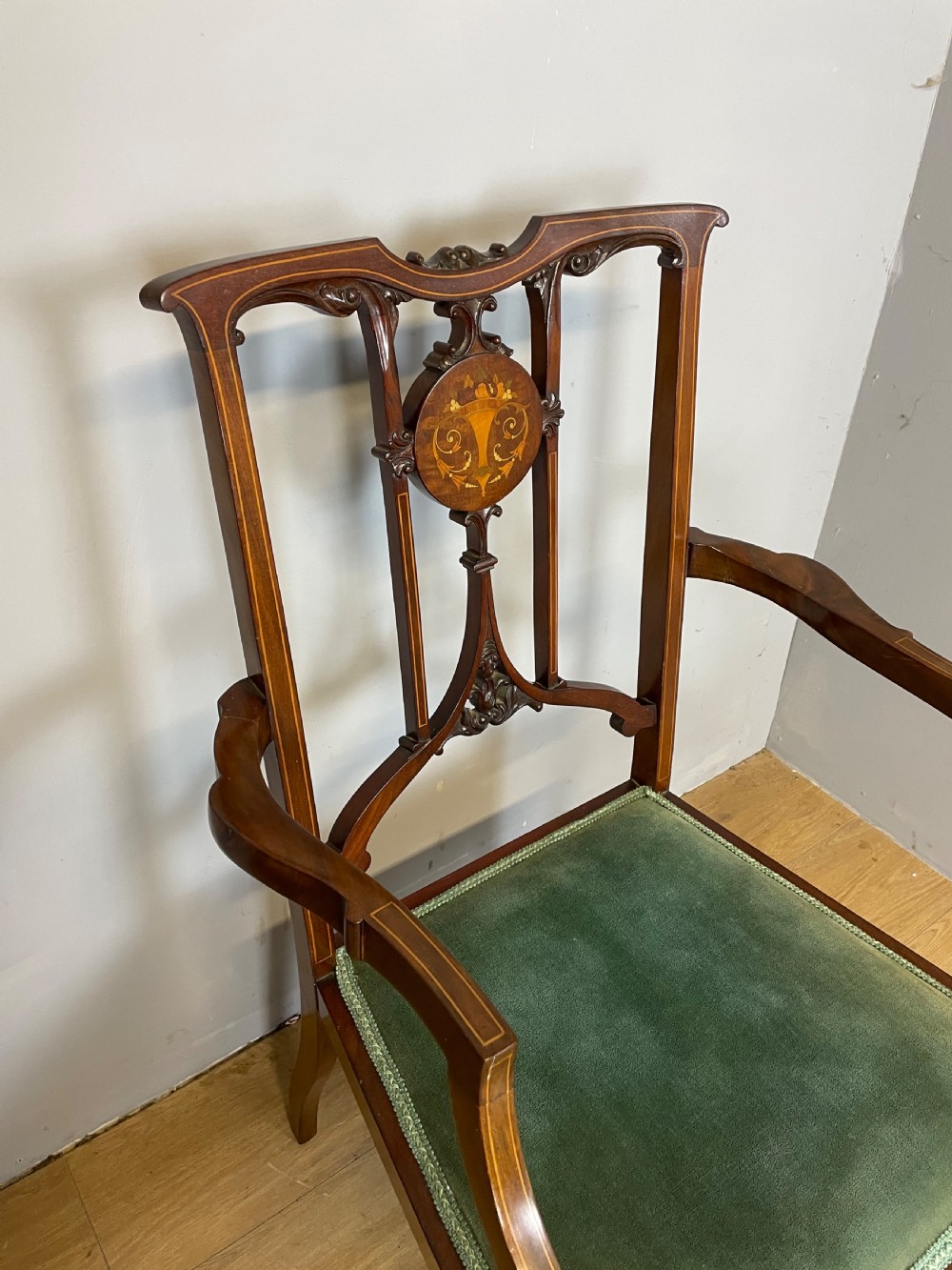 Edwardian inlaid mahogany salon chair  View II