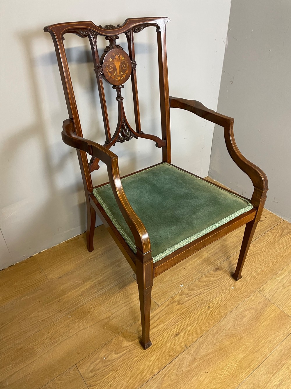 Edwardian inlaid mahogany salon chair  View III