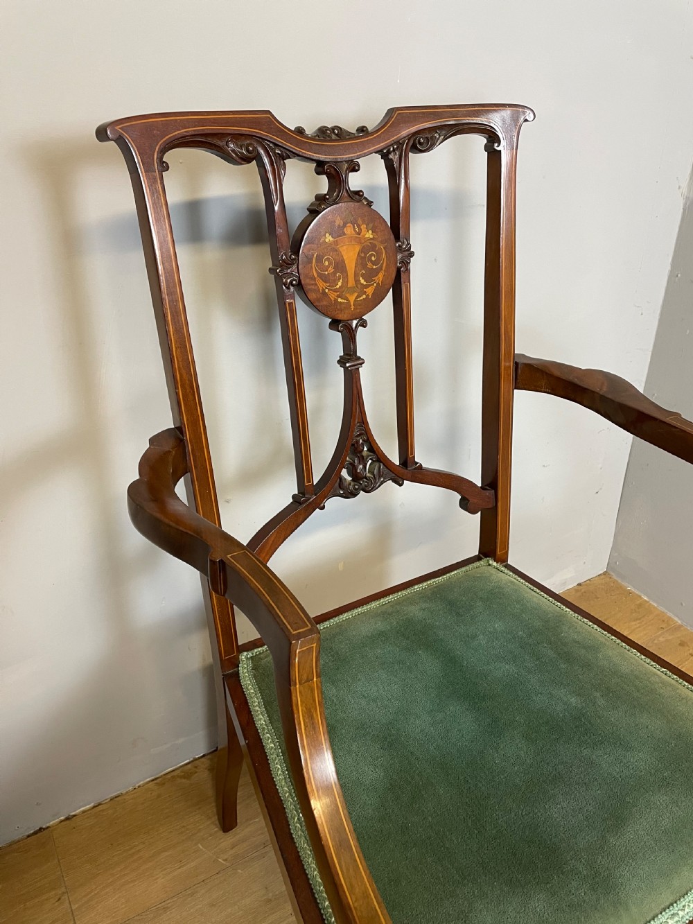 Edwardian inlaid mahogany salon chair  View V