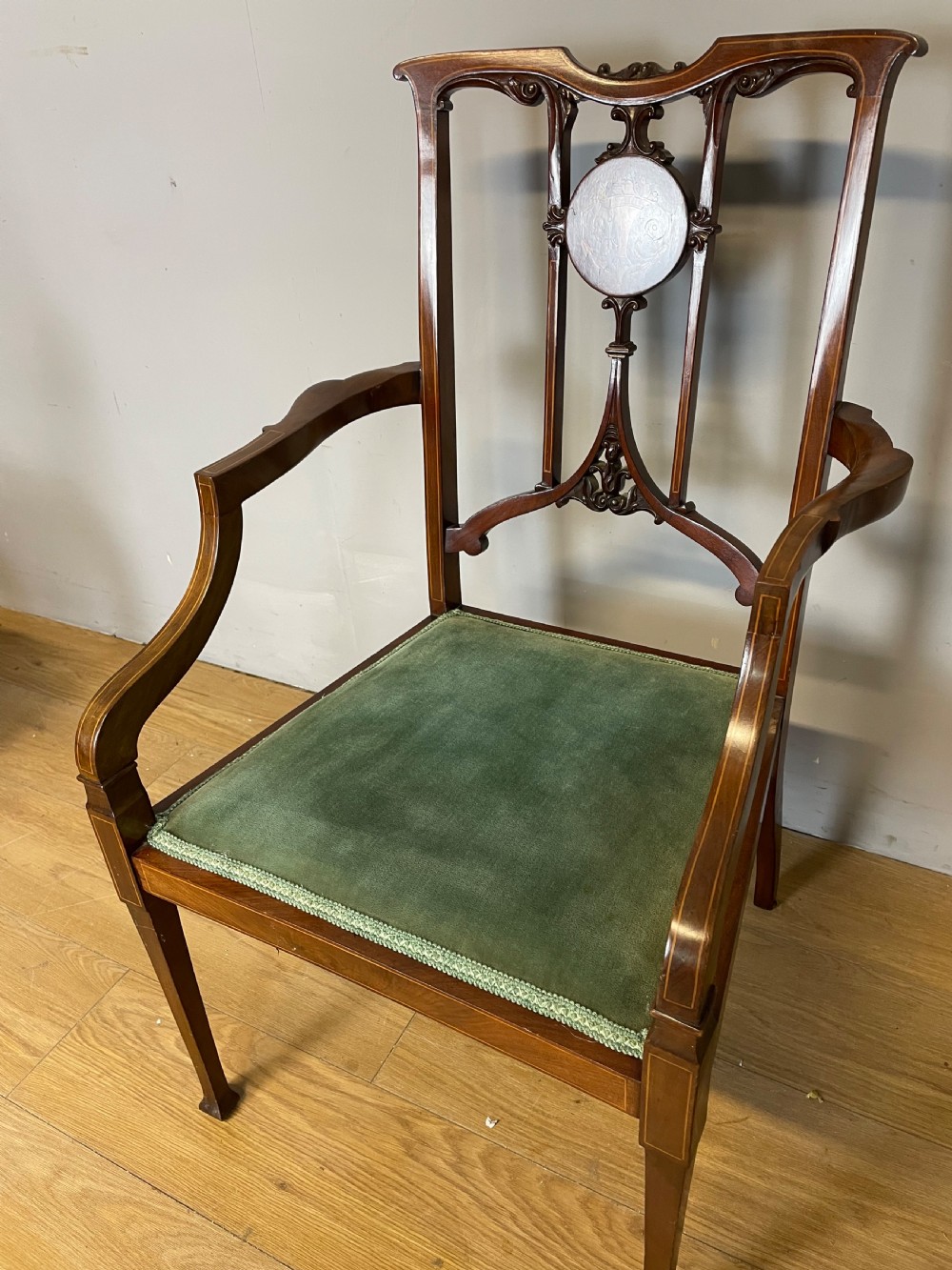 Edwardian inlaid mahogany salon chair  View VI