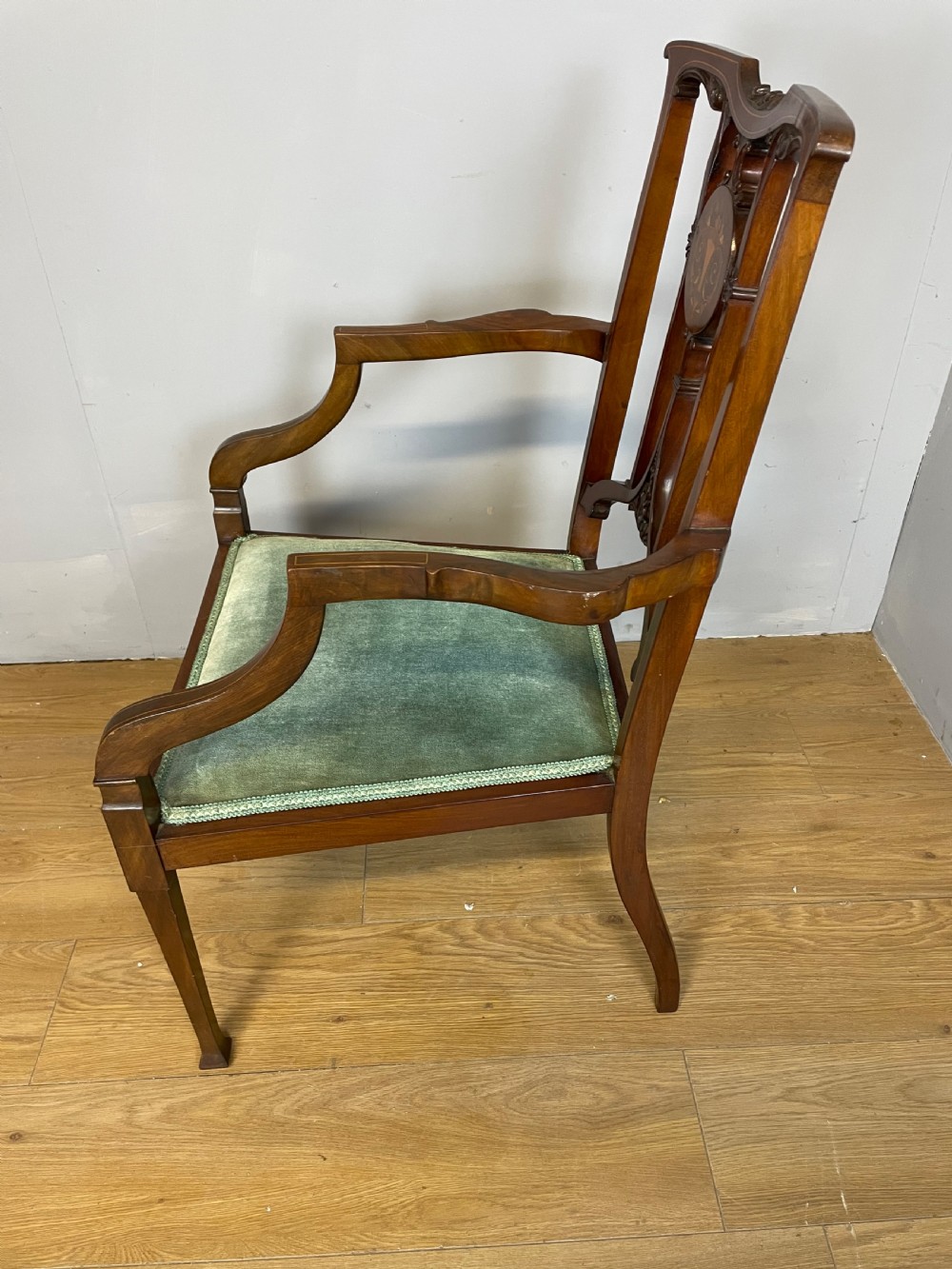 Edwardian inlaid mahogany salon chair  View IX