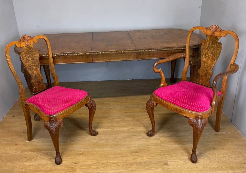 Burr walnut extending dining table on carved cabriole legs  View VIII