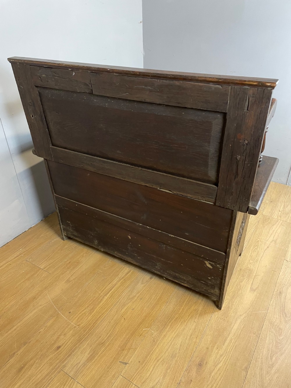 Nineteenth century carved oak box settle View IX