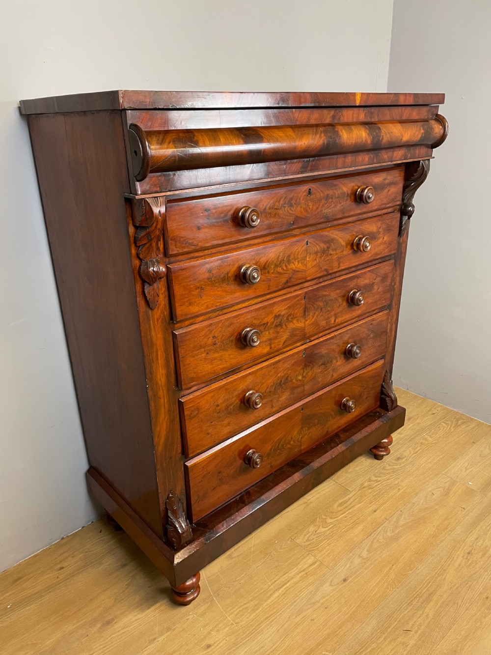 Nineteenth century Scottish flame mahogany six height chest of drawers  View III