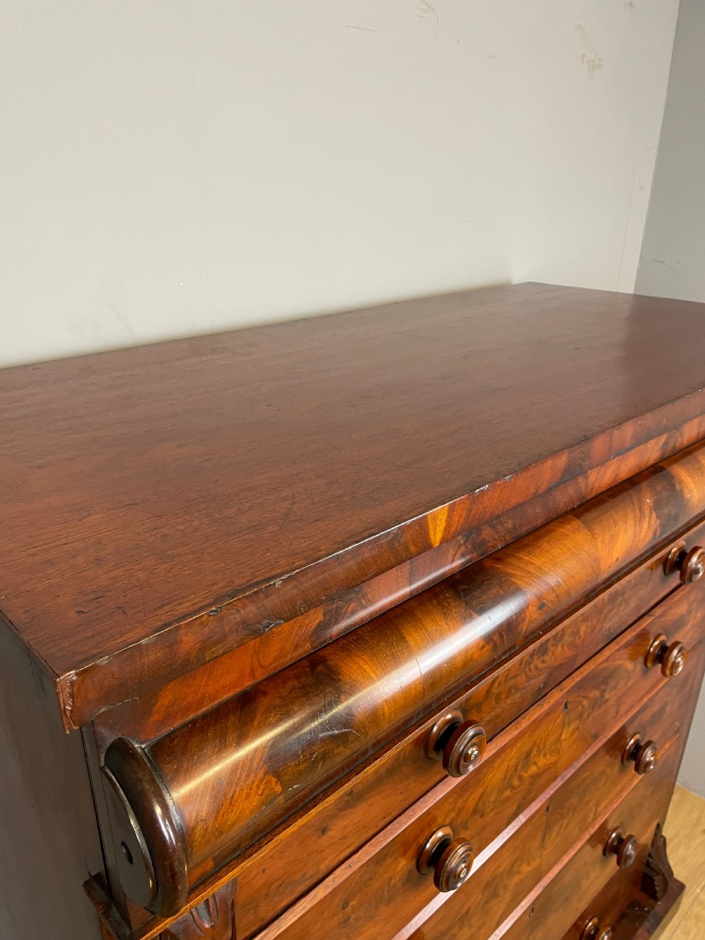 Nineteenth century Scottish flame mahogany six height chest of drawers  View IV