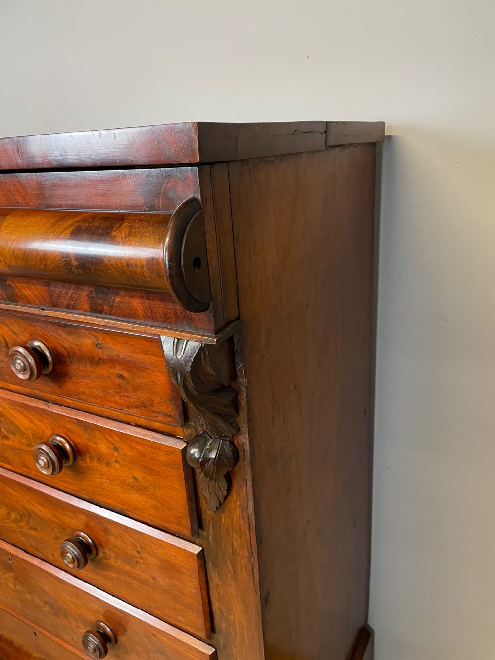 Nineteenth century Scottish flame mahogany six height chest of drawers  View VIII