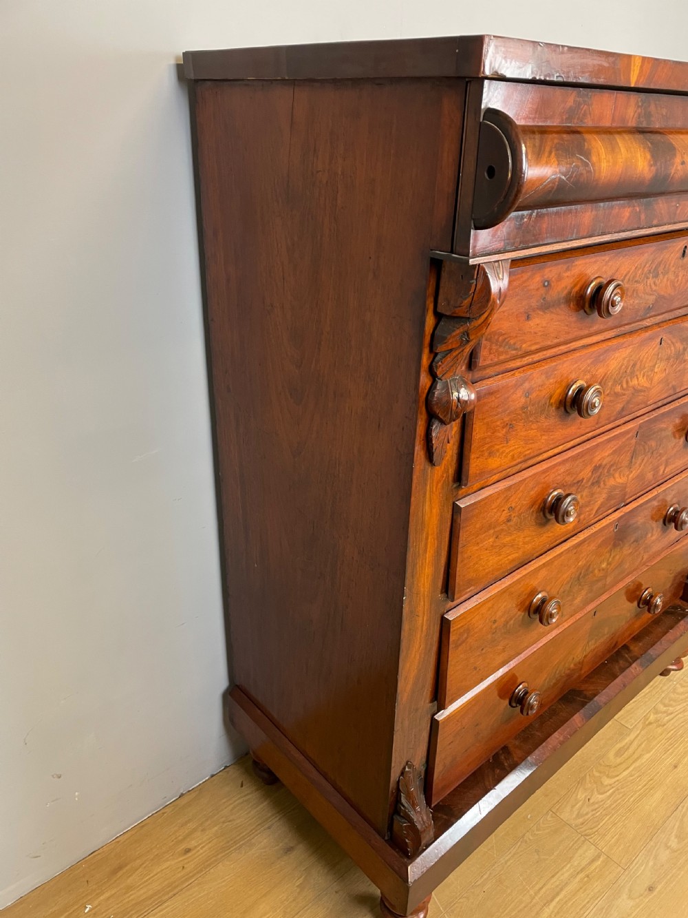 Nineteenth century Scottish flame mahogany six height chest of drawers  View IX