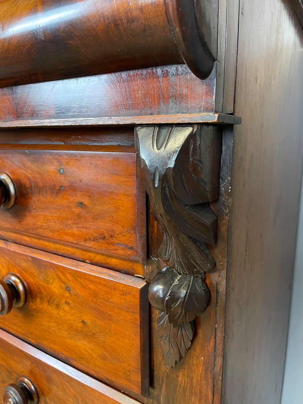Nineteenth century Scottish flame mahogany six height chest of drawers  View XI