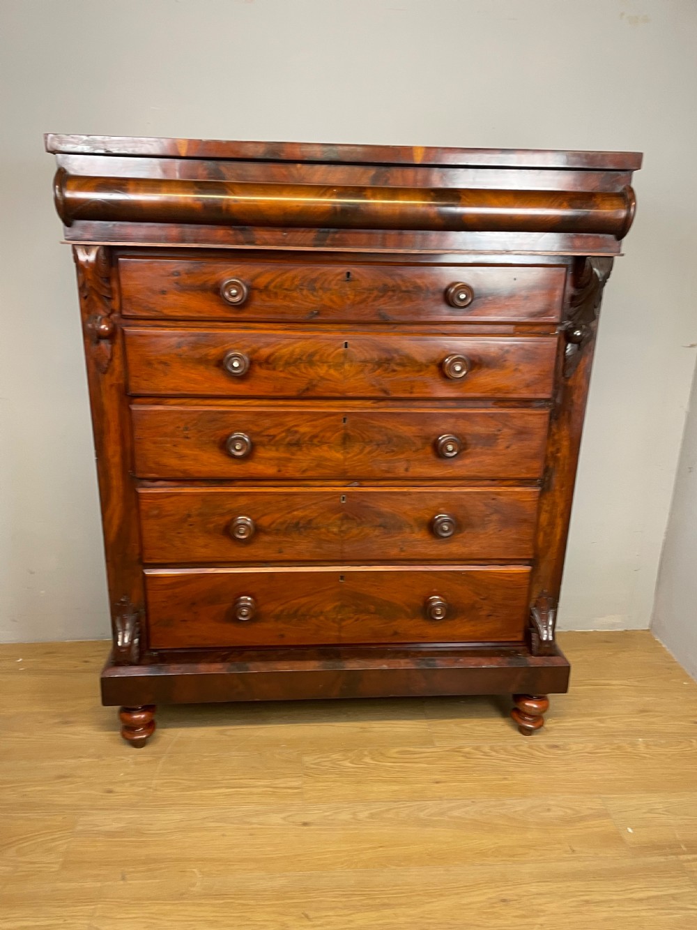 Nineteenth century Scottish flame mahogany six height chest of drawers  View XII