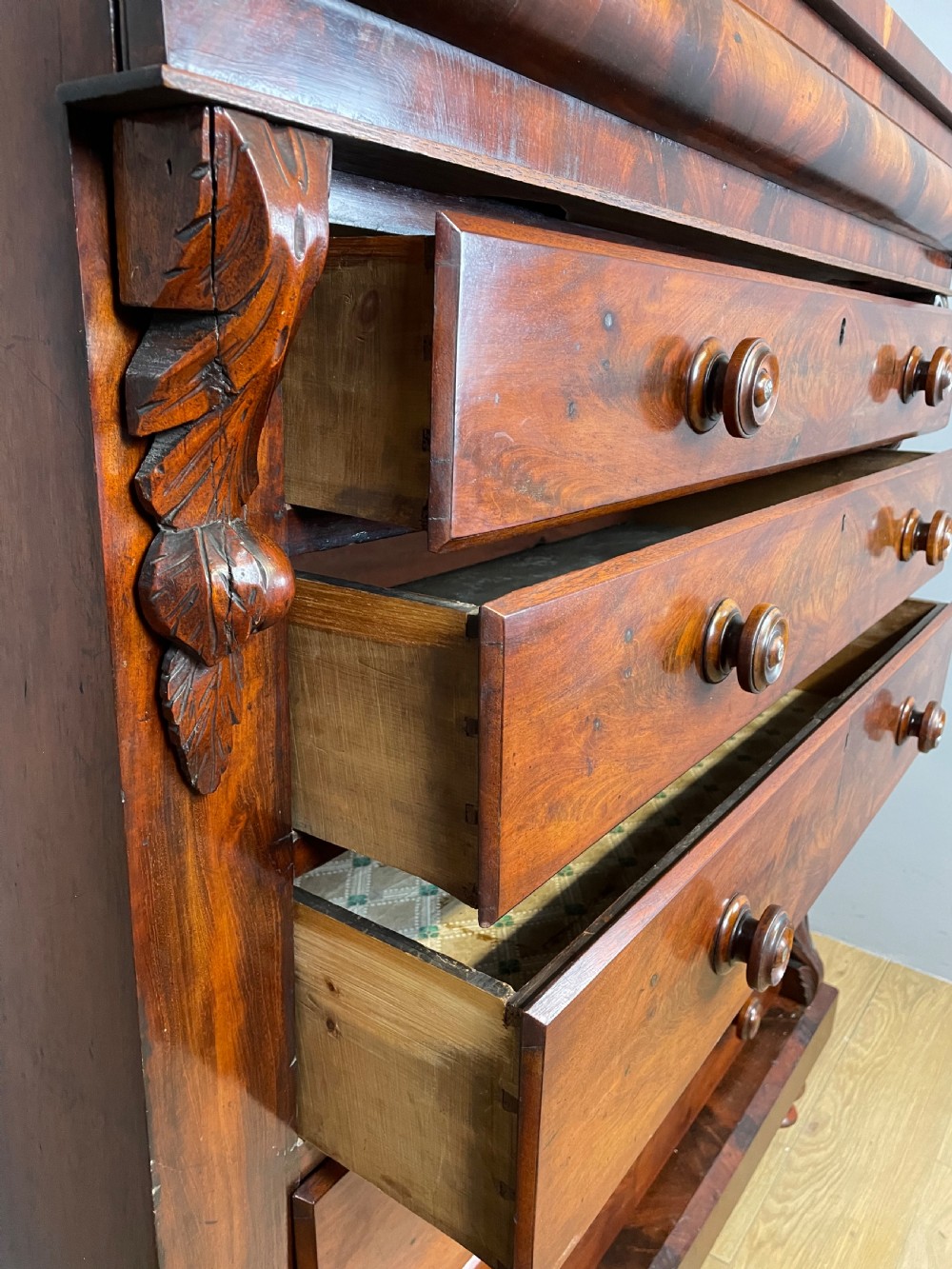 Nineteenth century Scottish flame mahogany six height chest of drawers  View XIV