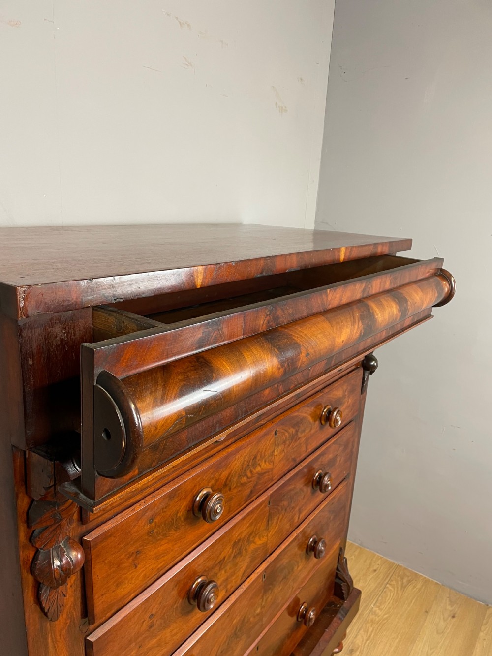 Nineteenth century Scottish flame mahogany six height chest of drawers  View XV