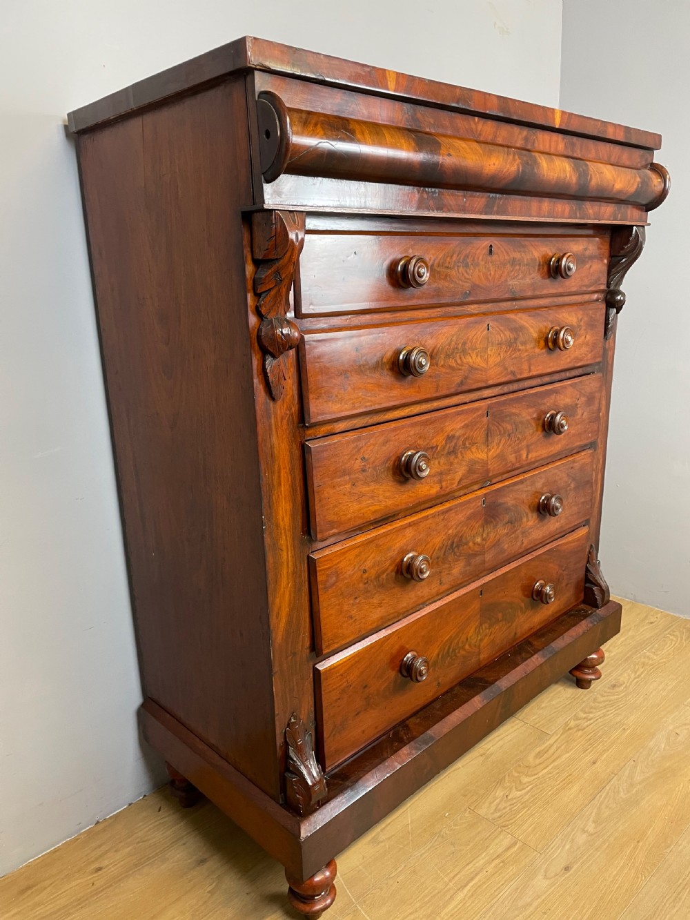 Nineteenth century Scottish flame mahogany six height chest of drawers  View XVIII