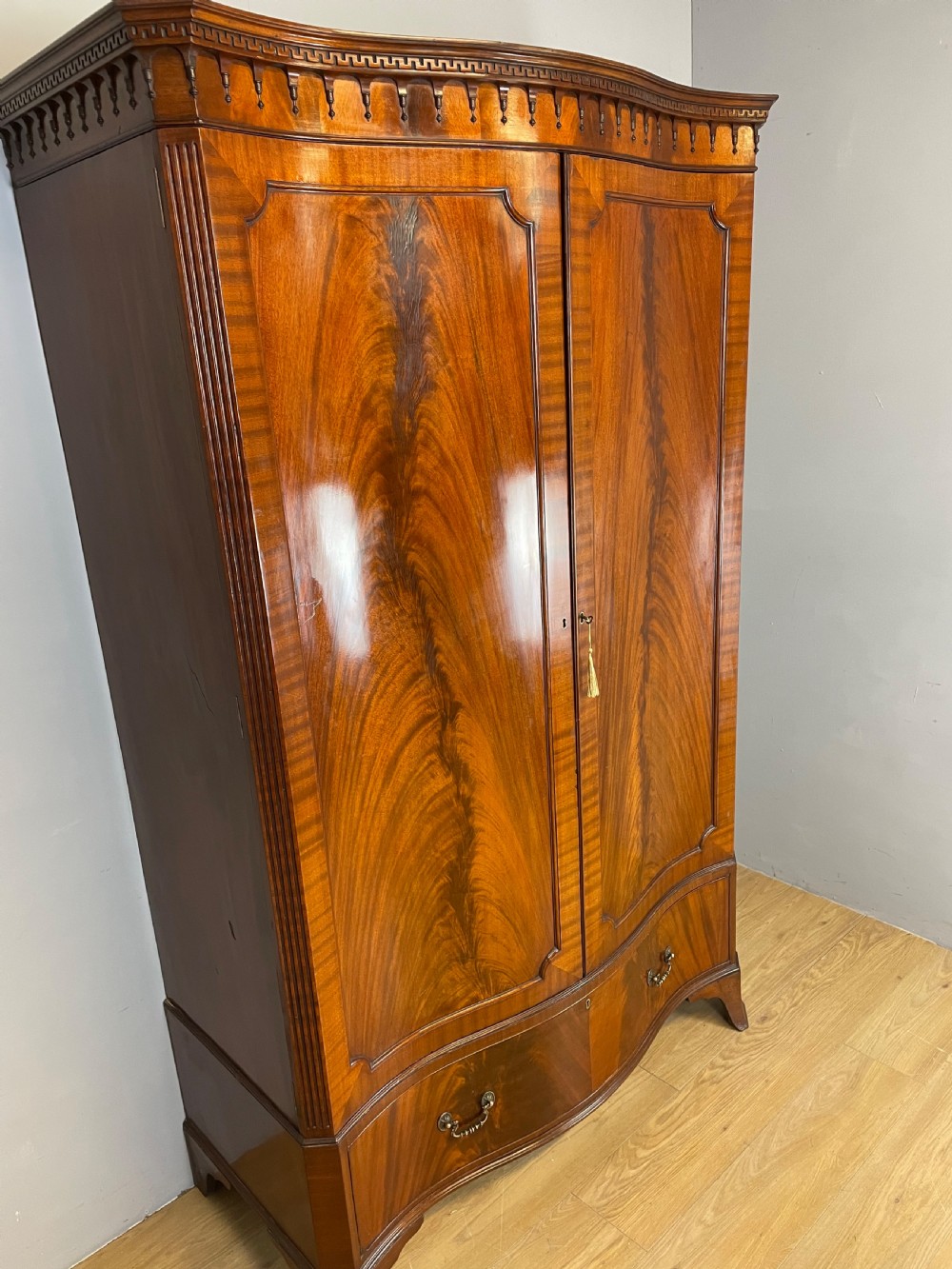 Edwardian flame mahogany serpentine fronted wardrobe  View III