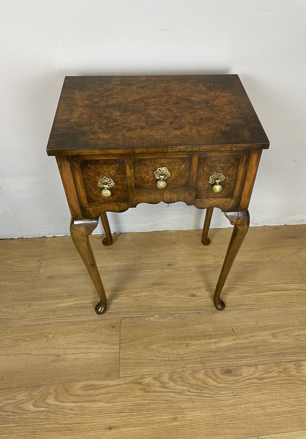 Small Georgian style burr walnut lowboy circa 1920 View IV