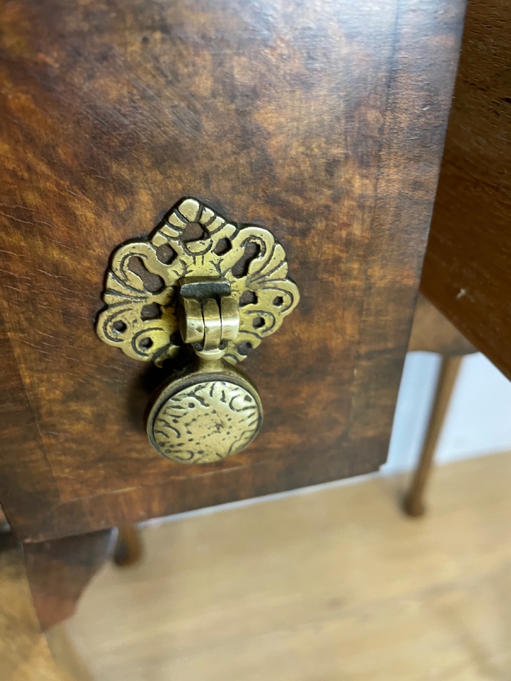 Small Georgian style burr walnut lowboy circa 1920 View VII