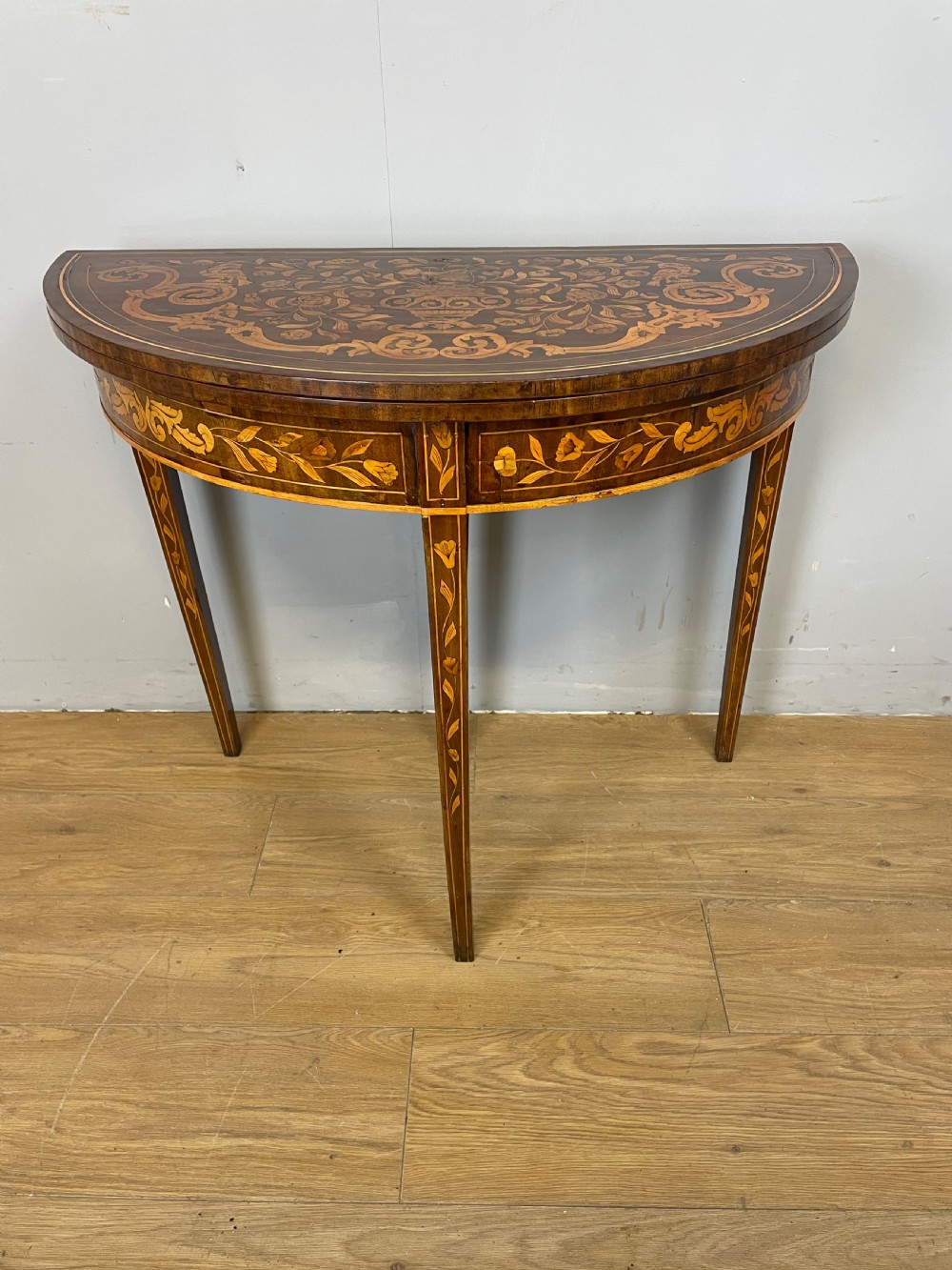 C18th Dutch marquetry inlaid fold over card table 
