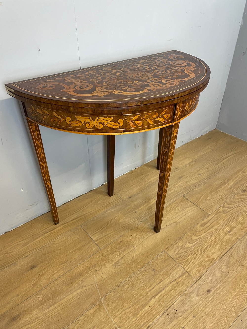 C18th Dutch marquetry inlaid fold over card table  View II