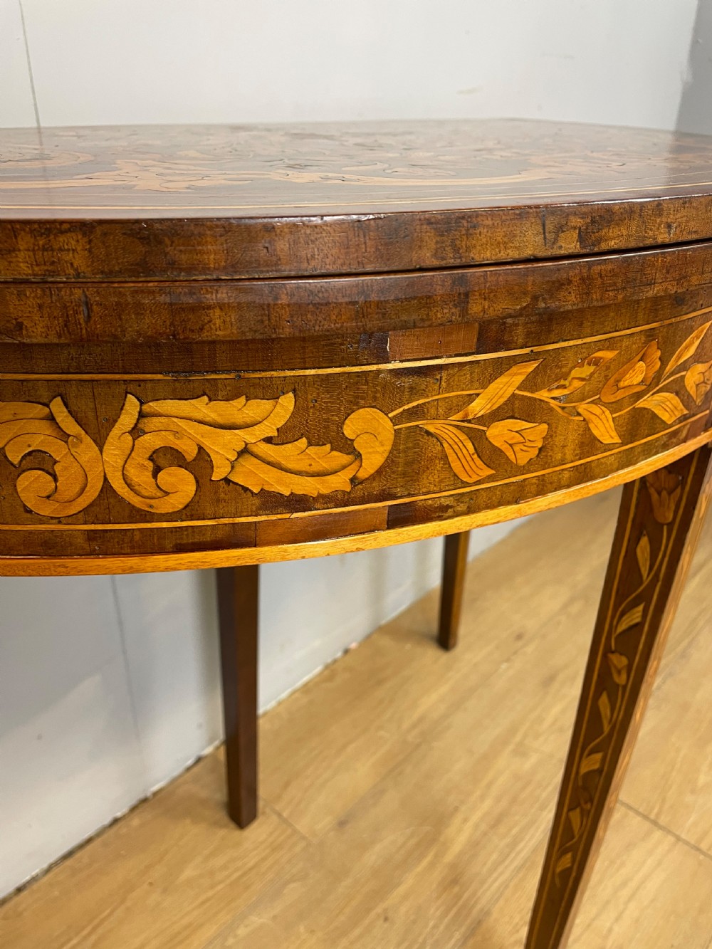 C18th Dutch marquetry inlaid fold over card table  View III