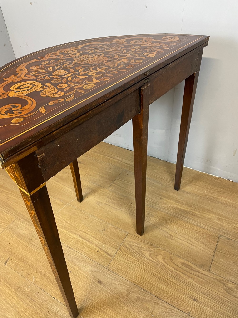 C18th Dutch marquetry inlaid fold over card table  View X