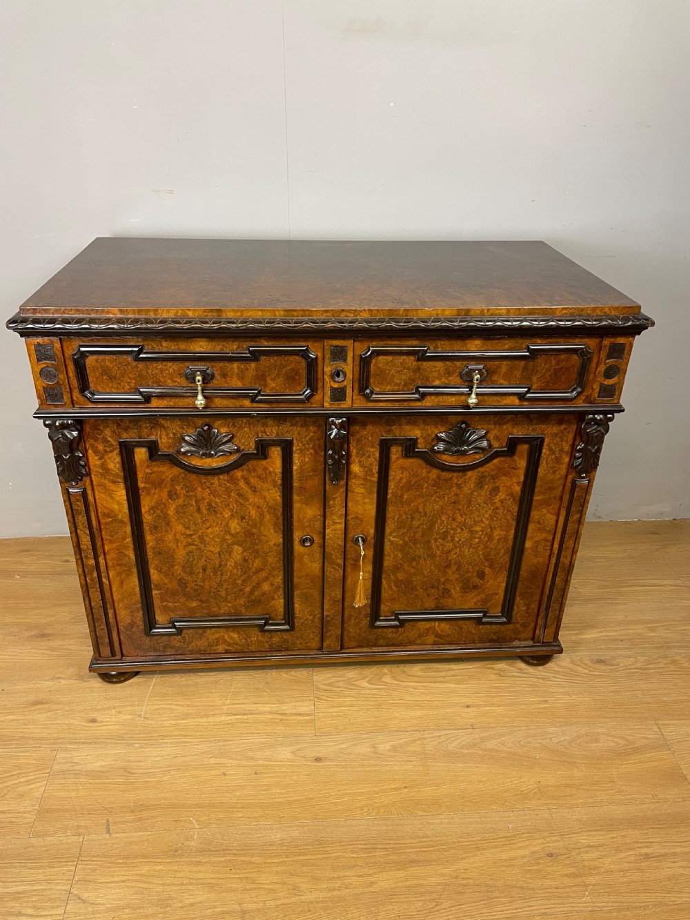 C19TH burr walnut Biedermeier style two door cabinet with drawer 