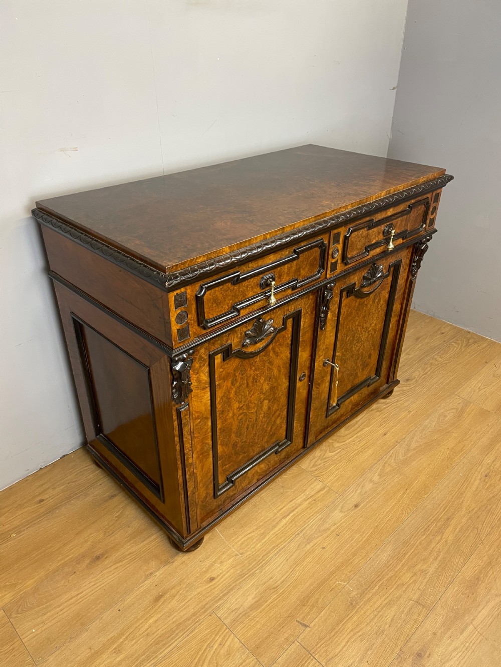 C19TH burr walnut Biedermeier style two door cabinet with drawer  View II