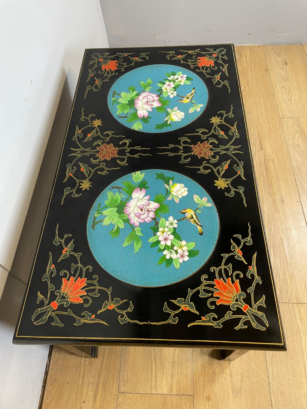 Early C20th chinoiserie coffee table with cloisonné panels  View II