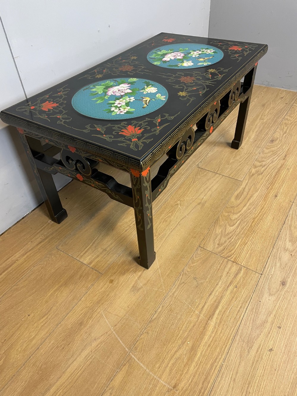 Early C20th chinoiserie coffee table with cloisonné panels  View III