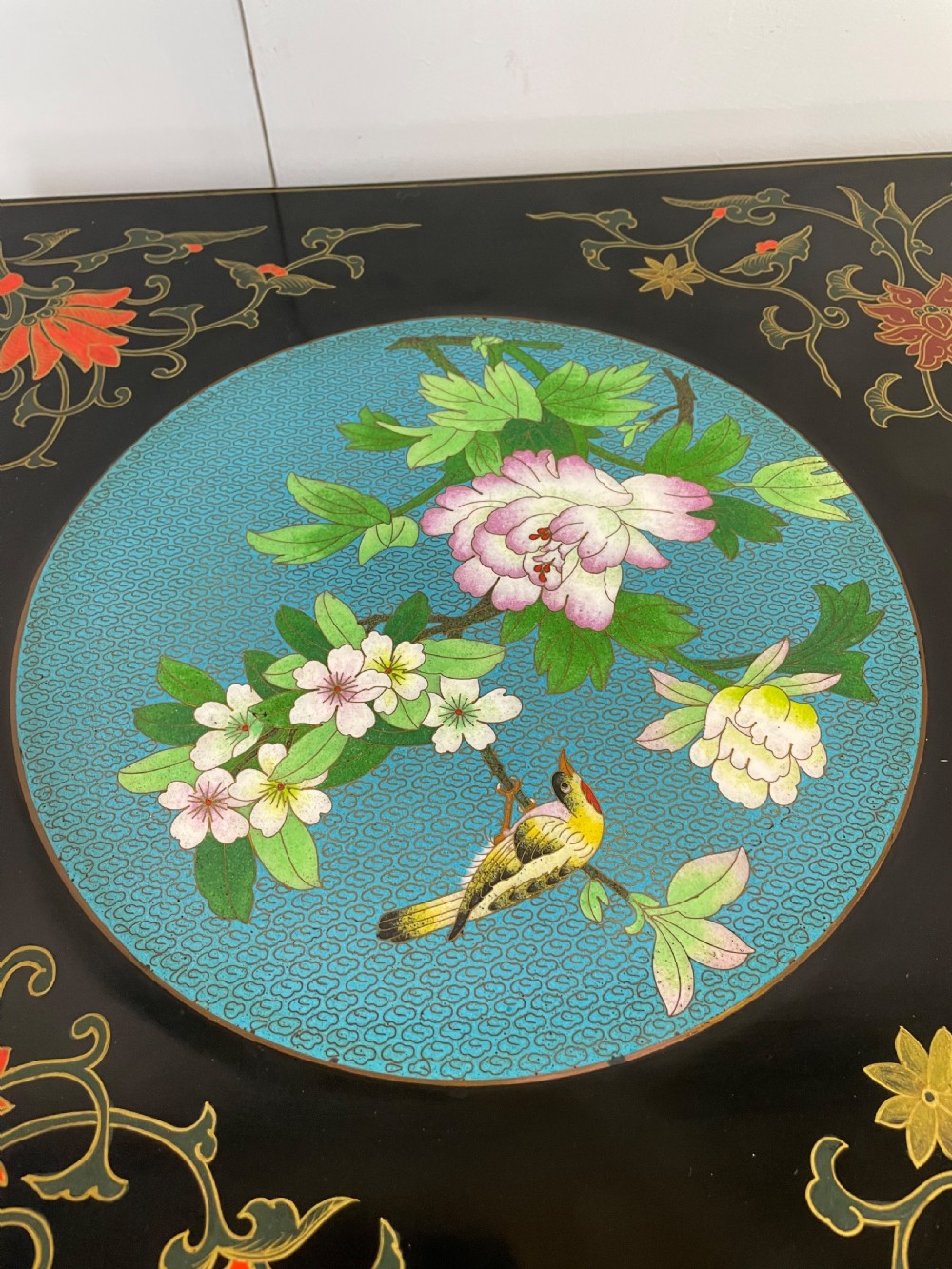 Early C20th chinoiserie coffee table with cloisonné panels  View IV