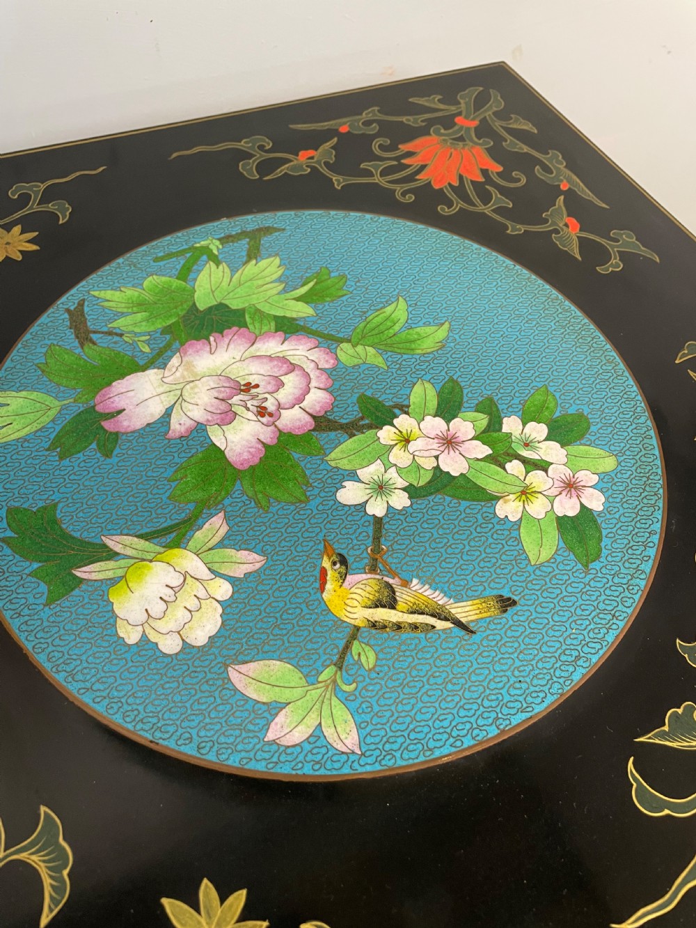Early C20th chinoiserie coffee table with cloisonné panels  View V