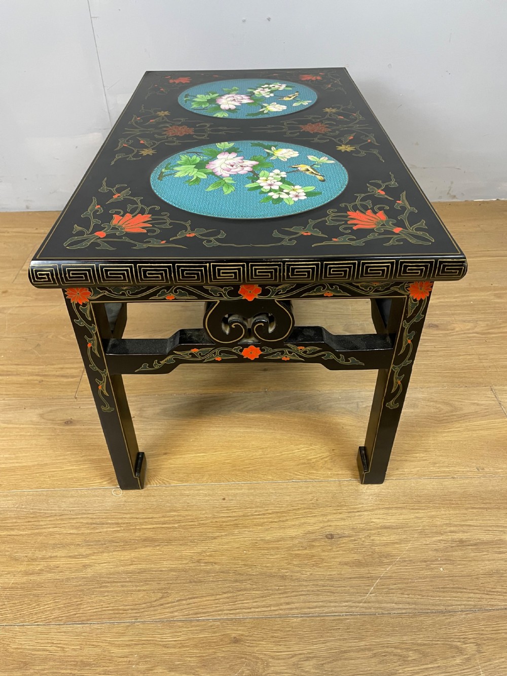 Early C20th chinoiserie coffee table with cloisonné panels  View VII