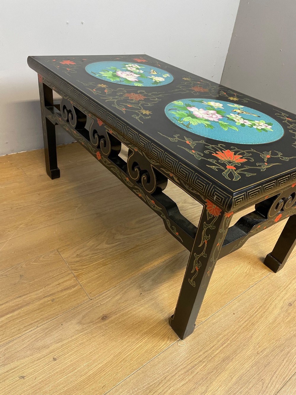 Early C20th chinoiserie coffee table with cloisonné panels  View VIII