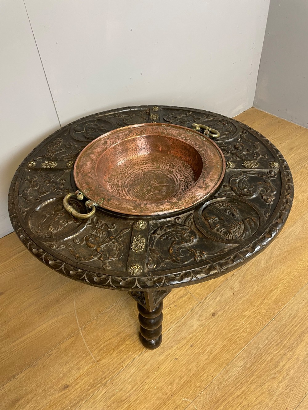 C19TH carved oak Spanish brazier table  View II