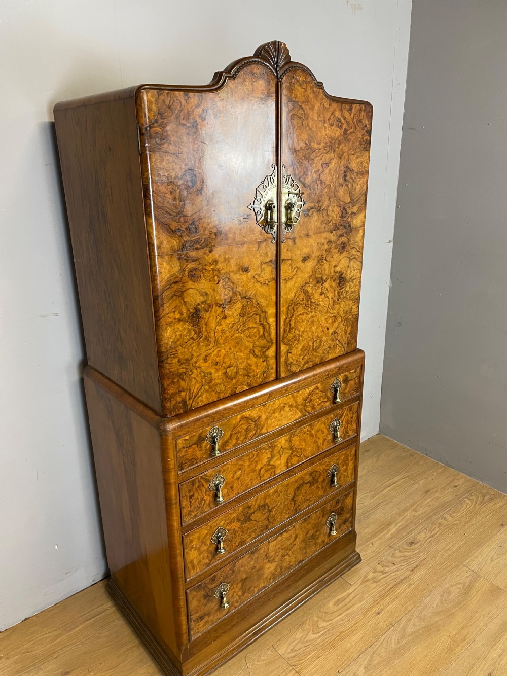 Burr walnut Tallboy circa 1920 View II
