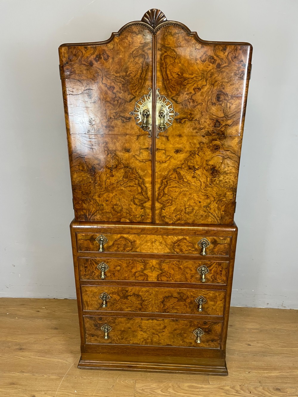 Burr walnut Tallboy circa 1920 View IV