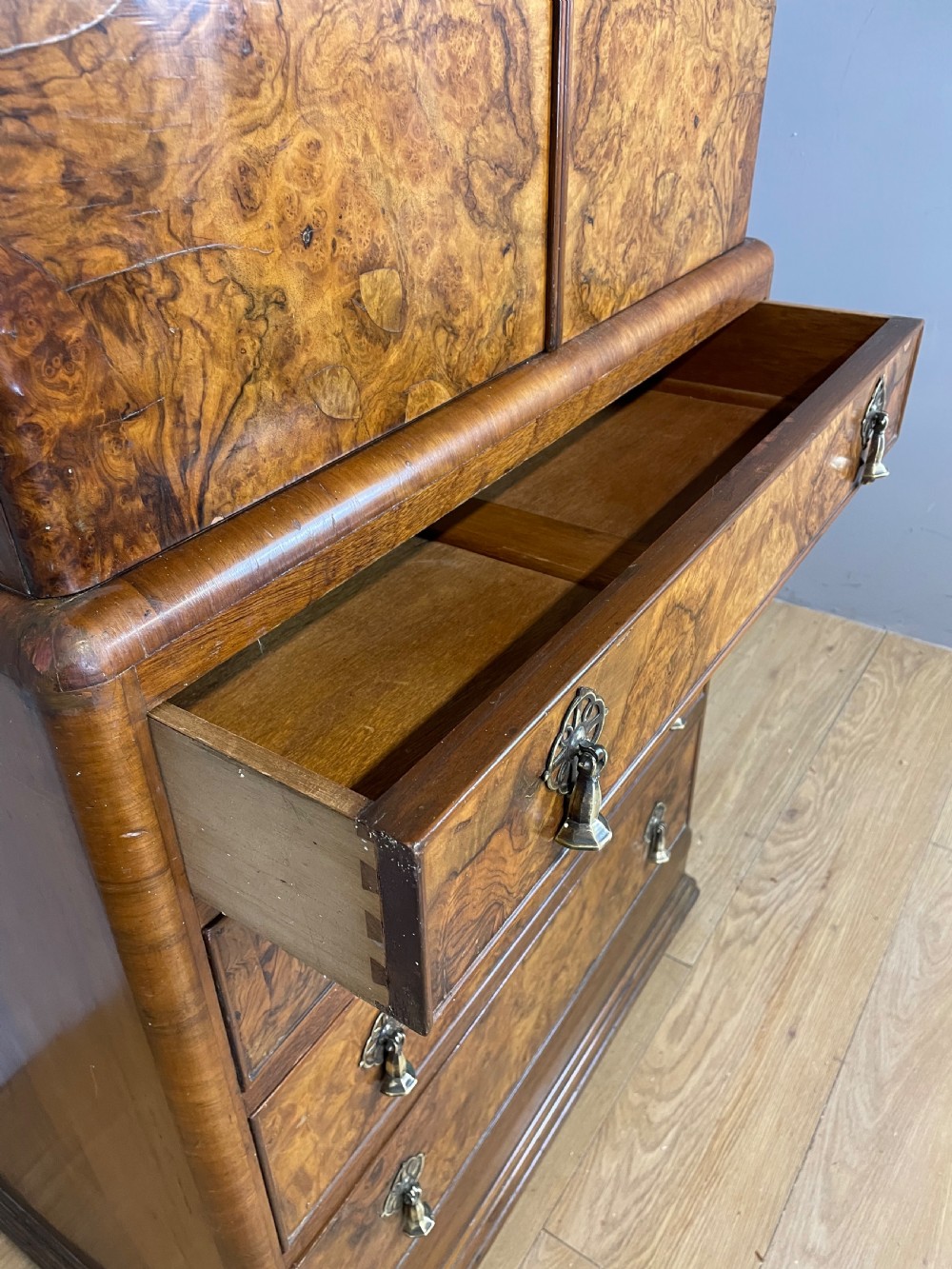 Burr walnut Tallboy circa 1920 View VIII