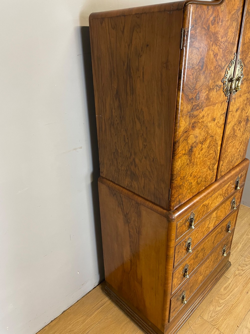 Burr walnut Tallboy circa 1920 View IX