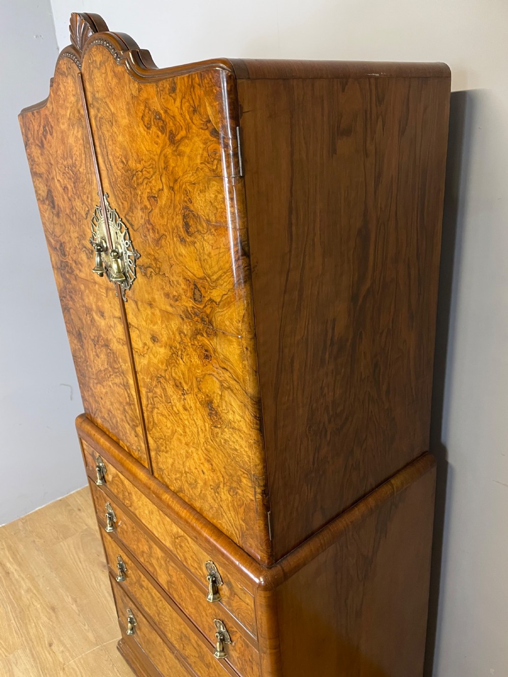 Burr walnut Tallboy circa 1920 View X
