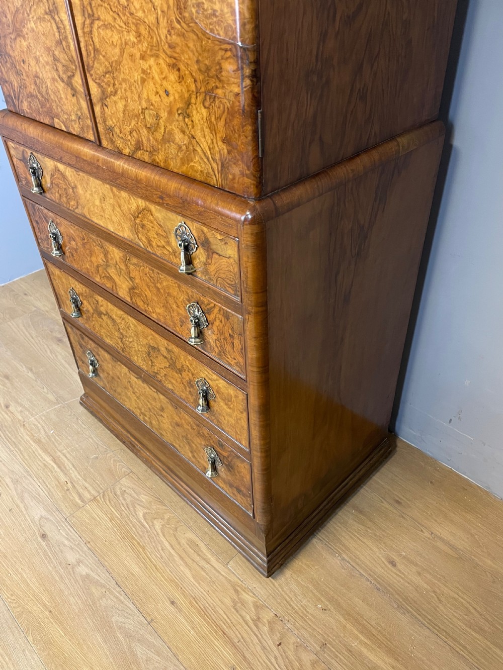 Burr walnut Tallboy circa 1920 View XI
