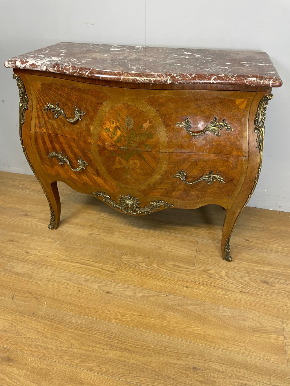 French inlaid ormolu mounted bombe chest with marble top 